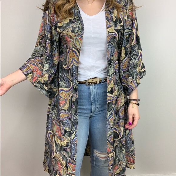 entro Sweaters - Flip Side Paisley Print Kimono Duster Entro S M L